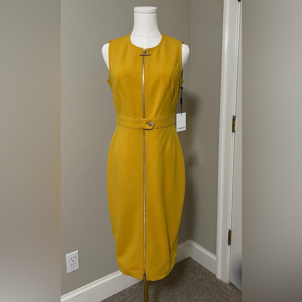 NWT Calvin Klein Mustard Yellow Full Gold Zip Sleeveless Dress